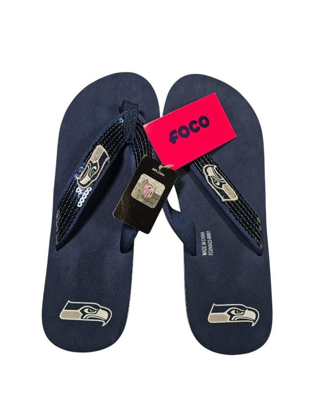 Seattle Seahawks FOCO Flip Flops NWT Women's Size XL 11/12 Blue w/ Sequins Logo